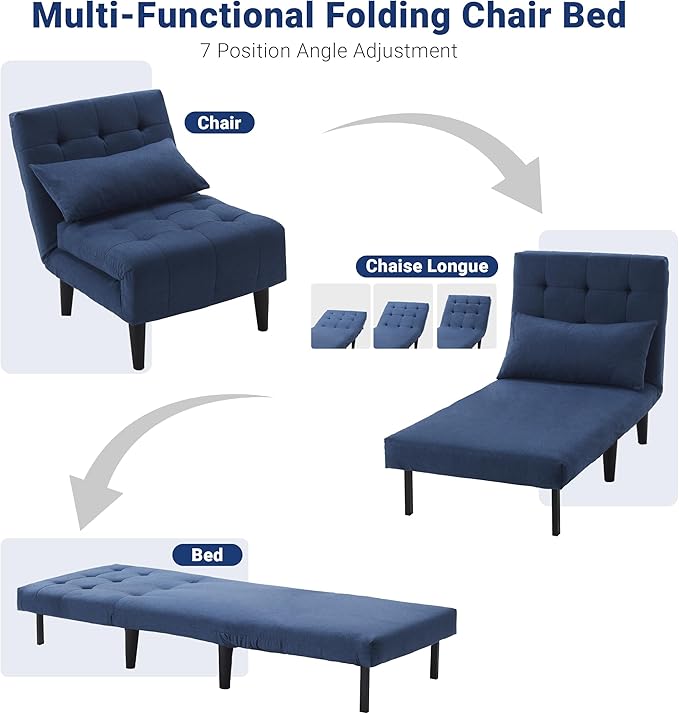 Convertible Chair Bed with 7-in-1 Linen Fabric Couch Bed Ideal for Compact Living Rooms Apartments Guest Rooms or Offices Navy Blue