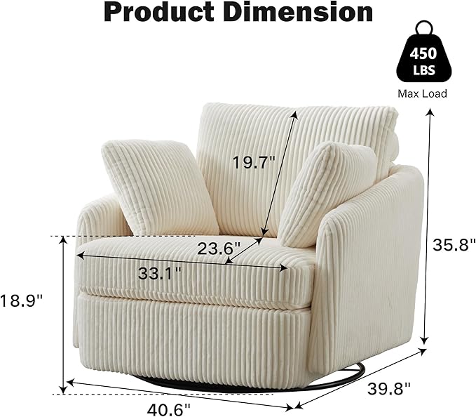 Chifee &amp Vingol 40.6 Oversized Swivel Accent ChairCorduroyIvory
