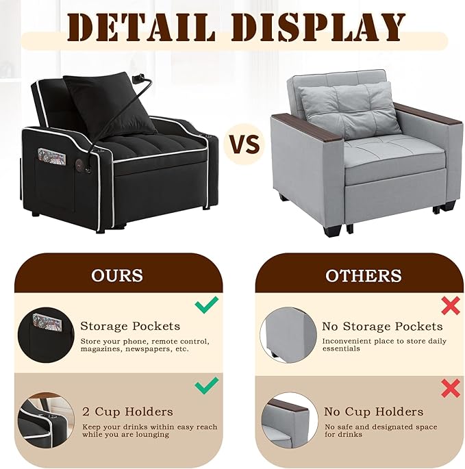 KINFFICT Sleeper Sofa Chair Bed Convertible 3-in-1 Sofa Armchair Adjustable Sleeper Chairs with Pullout Bed Single Lounger Futon with Side Pockets for Living Room (Black)