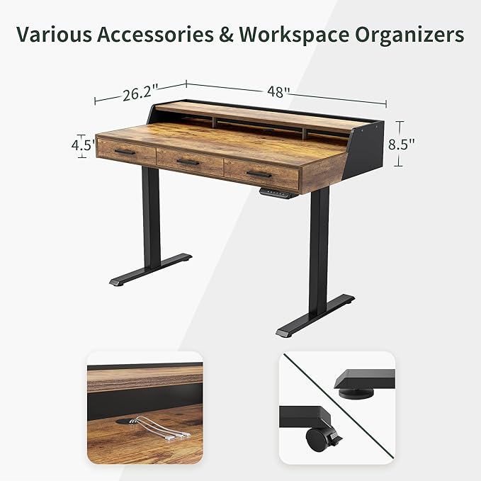 CubiCubi Standing Desk 48x26 Inches with 3 Wood Drawers and Monitor Shelf Ergonomic Rising Home Office Desks Height Adjustable Computer Desk Sit Stand Up Electric Workstation Table Brown