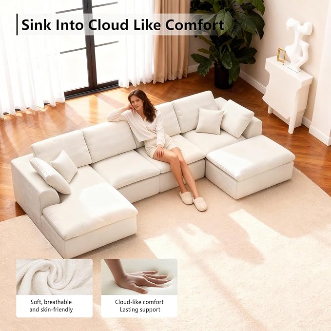 U Shaped Sectional Couch with Movable Ottoman 137.8 Inch Modular Sectional Sofa with Comfy Deep Seat 4-Seater Convertible Boneless Couches for Living Room Warm White