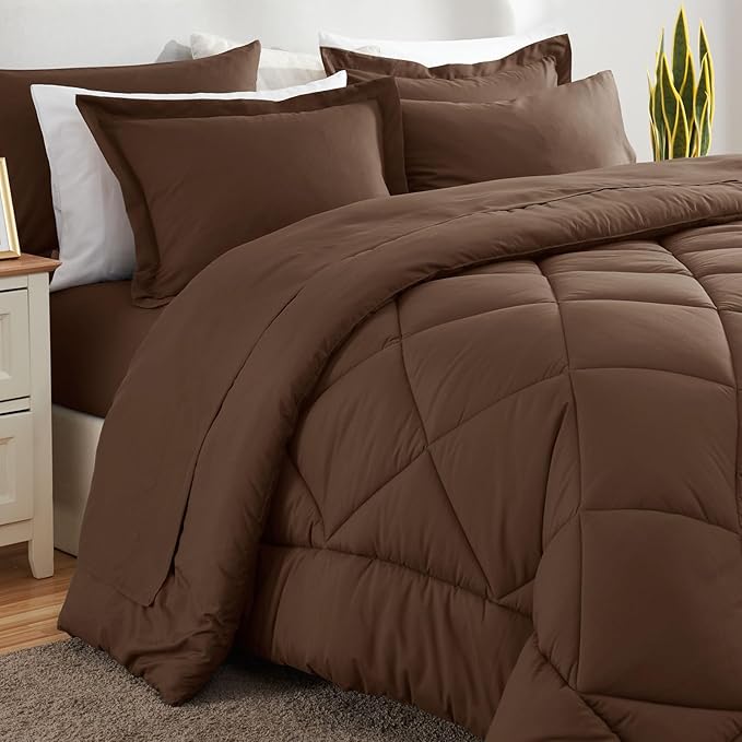 CozyLux Queen Comforter Set Brown - Bed in a Bag Queen Size 7 Pieces Luxury Soft Bed Set for All Seasons Bedding Set with Down Alternative Comforter Sheets Pillowcases &amp Shams