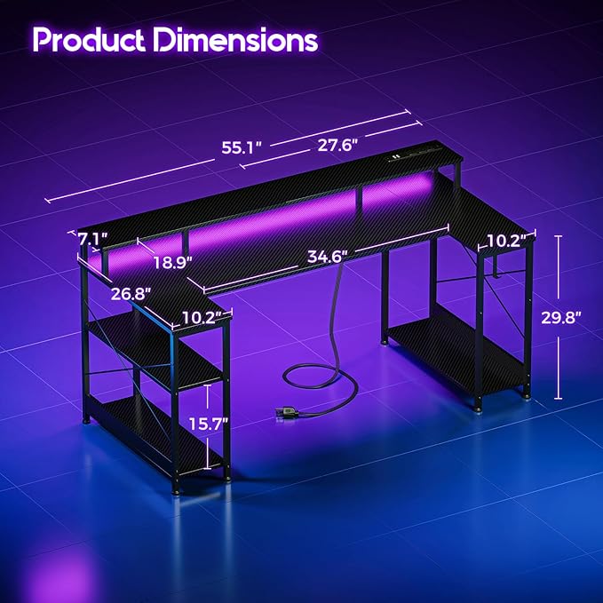 ODK 55 Inch Gaming Desk with LED Lights and Power Outlet U-Shaped Computer Desk with Monitor Stand and Storage Shelves PC Gamer Table for Home Office Carbon Fiber Black