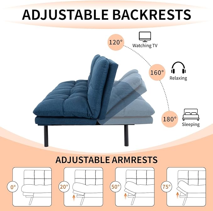 MUUEGM Futon Sofa Bed 71 Convertible Memory Foam Royal Blue Futon Couch Bed Modern Loveseat Sleeper with Adjustable Backrests Armrests for Living RoomSmall SpaceOffice
