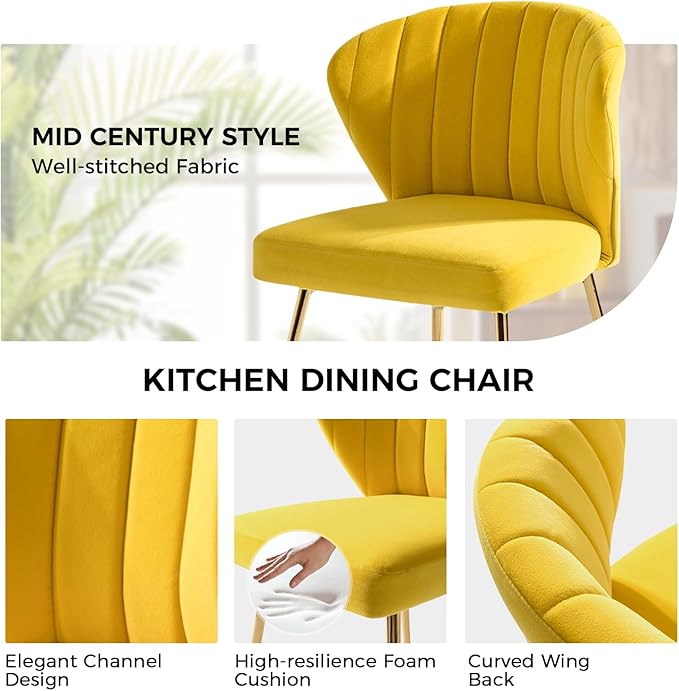 HULALA HOME Velvet Dining Chairs Modern Small Armless Accent Chair with Gold Metal Legs Living Room Upholstered Cute Side Chair Elegant Tufted Back Vanity Chair-Yellow