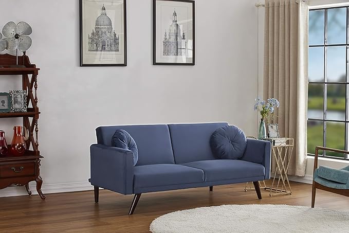 72 Retro Velvet Sofa Bed - Vintage Modern Convertible Futon w/Reclining Backrest - Velvet Upholstery on Solid Wood Frame (72 L x 34.6 W x 30.23 H) Dark Blue