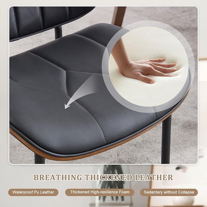 BV Mid Century Modern Dining Chairs Set of 4 Upholstered Pu Leather Armless Accent Chair with Walnut Bentwood Back Retro Kitchen Chair for Dining Room Living Room Kitchen Black