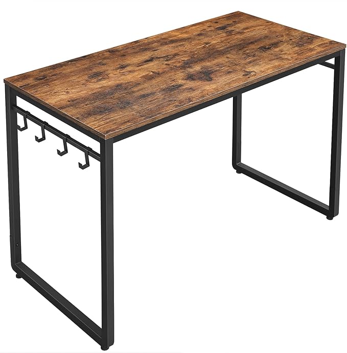VASAGLE Computer Desk Office Desk with 8 Hooks for Study Home Office Easy Assembly Industrial Design 47.2 x 23.6 x 29.5 Inches Rustic Brown ULWD58X