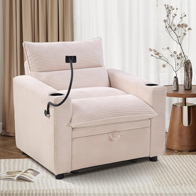 EBELLO Convertible Small Sleeper Sofa Chair 3-in-1 Corduroy Futon Sofa Bed 1 Seater Couch Daybed with Charging Ports Phone Cup Holders Adjustable Backrest for Small Living Room Beige