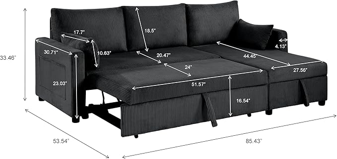Sectional Sleeper Sofa with Pull Out Bed LShape Convertible Sofa Bed Couch with Storage Chaise 3 in 1 Pull Out Sofa Bed with 3 Seats for Living RoomApartment Black 85Inch