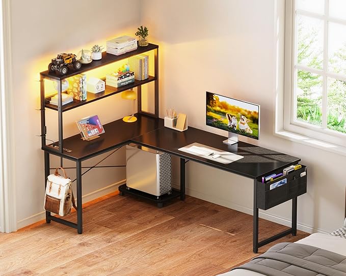 ODK 61 Inch L Shaped Desk with LED Lighting Reversible Gaming Desk with Power Outlets Cornor Computer Table with Storage Shelves &amp Bag &amp Iron Hook Home Office Table for Writing Study Blac