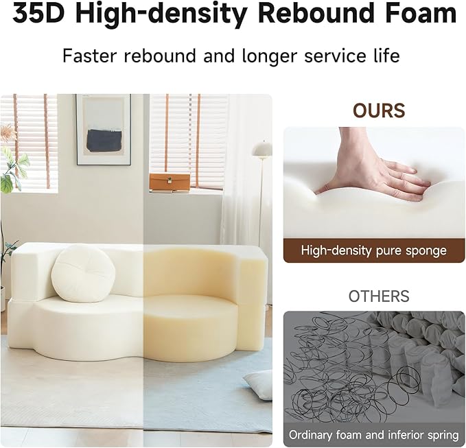 2-in-1 Convertible Folding Sofa Bed Sleeper Sofa with Pillow Teddy Fabric High-Density Foam Floor Mattress Sleeper for Living Room Guest Use Office Apartment No Assembly Required (Beige)