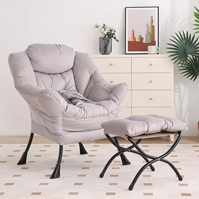 Lazy Chair with Ottoman Modern Chair with Folding Footrest Lounge Accent Chair Comfortable Reading Chair Oversized Armchairs for Bedroom Study Living Room Courtyard (Light Grey)