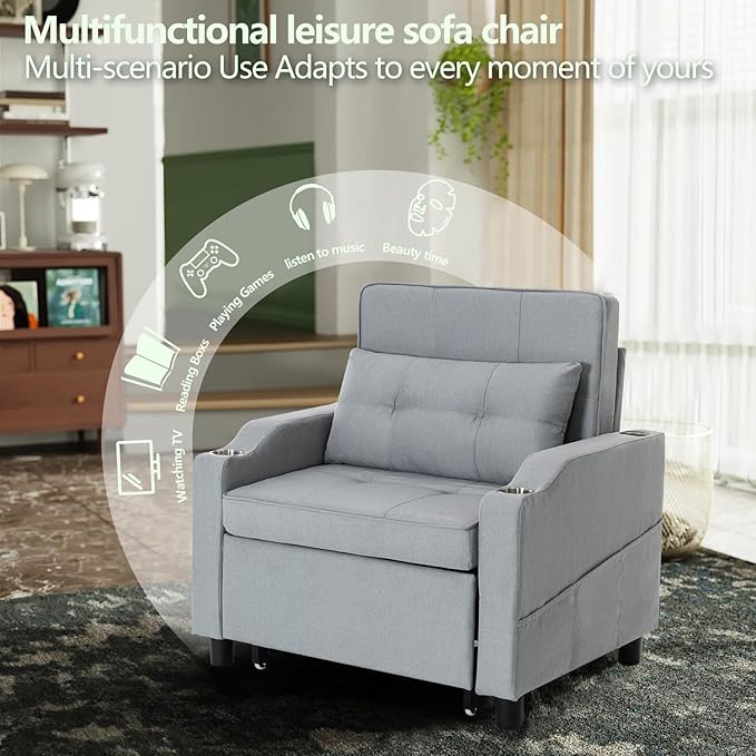 4-in-1 Convertible Sleeper Chair Bed Couch Bed with 5-Level Adjustable Backrest Futon Sofa Bed with USB Port&amp Cup Holder Multi-Functional Chaise Lounge Chair Sleeper Sofas for Living Room