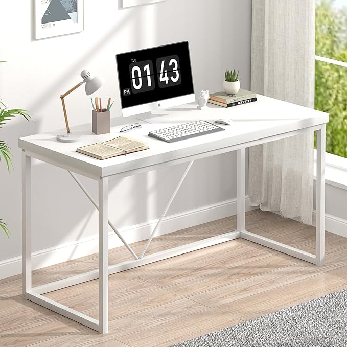EXCEFUR White Computer Desk Modern Home Office Desk Small Wood Study Writing Table Workstation for Bedroom Living Room 47 inch