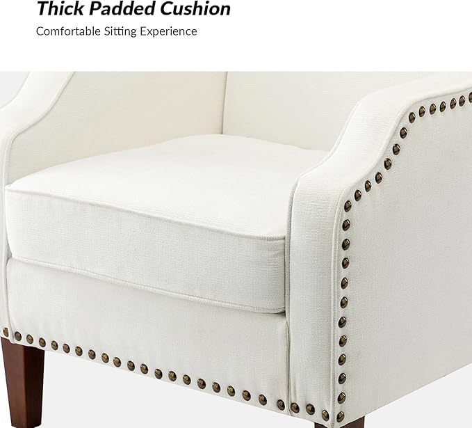 HULALA Home Accent Chair with Swoop Arms Upholstered Armchair with Removable Cushion &amp Solid Wood Legs Nailhead Trim Single Sofa Chair Reading Chair for Living RoomLounge Room Ivory