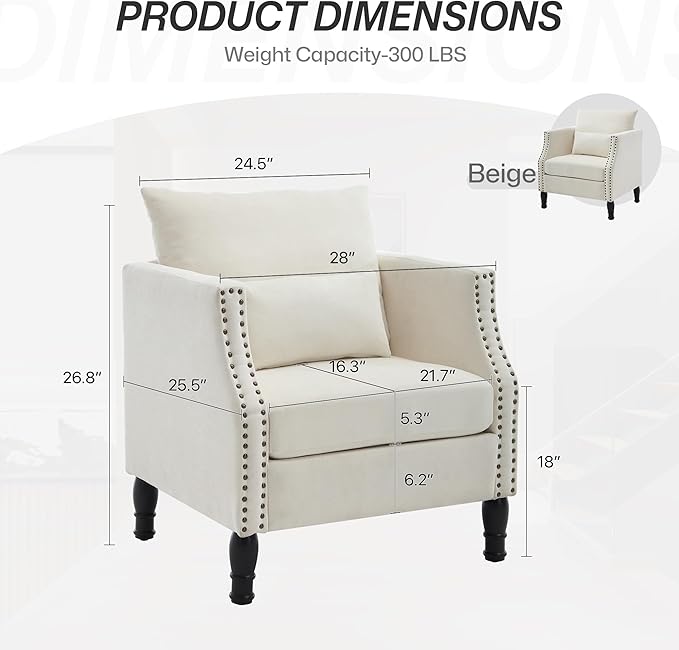 ABET Linen Accent Chairs 1PC Mid-Century Modern Reading Armchair with Removable Lumbar Pillow Upholstered Side Sofa Chair for Living Room Bedroom Beige