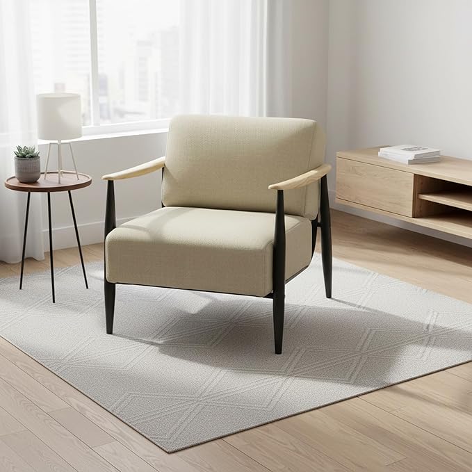 Homy Casa Mid-Century Modern Accent Chair with Fabric Upholstery Solid Wood Armrests and Sturdy Metal Frame Comfy Lounge Chair for Living Room Bedroom Reading Corner or Office – Beige/Walnut