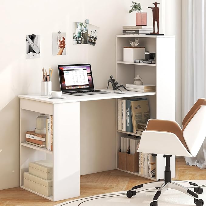 LDAILY Computer Desk with Bookshelf 48” Modern Office Desk w/ 6-Tier Storage Shelves CPU Stand Wider Base 3-in-1 Reversible Study Table Writing Desk for Home Office Bedroom Study Room (White)