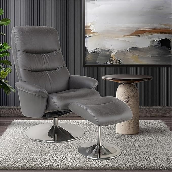 Pemberly Row Contemporary Swivel Recliner Chair with Ottoman Charcoal Leather Look Fabric 30.3 W x 30.7 D x 40.7 H Ergonomic Design 360° Swivel Sturdy Wood Base Living Room Lounge