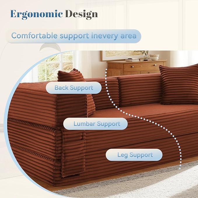 Convertible Sofa Bed5-in-1FoldIing Couch Bed with Removable ArmrestsModular Futon Sleeper Sofa in Box with Pull Out BedsCompression Boneless Couch for Living RoomOrange