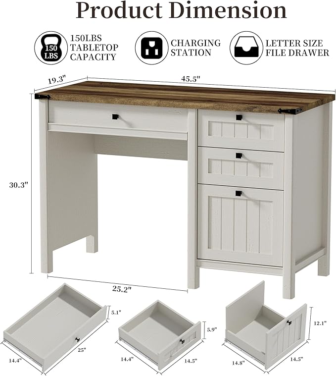 Executive Desk Farmhouse Computer Desk with Drawers &amp Cabinet Home Office Desk for Work Study Writing Workspace (Antique White 45)