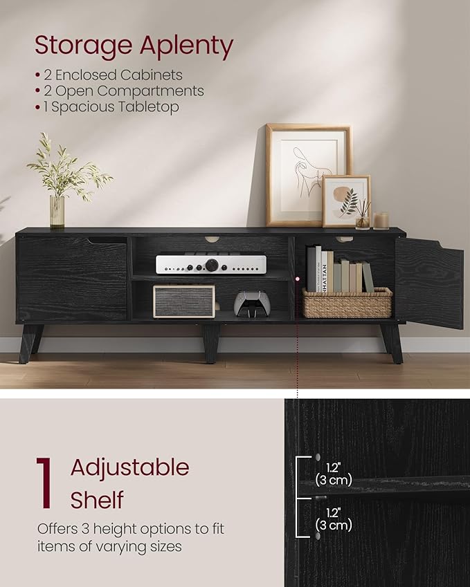VASAGLE TV Stand for 65-Inch TVs Entertainment Center with Adjustable Shelf 58-Inch Long Media Console Table Transitional Style for Living Room Bedroom Ebony Black ULTV556B01
