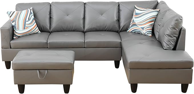 FONTOI L Shaped Sectional Couch with Otttoman 97 Leather Sectional Sofa for Living Room Modular Couches with Cup Holders for Bedroom Apartments Dark Grey