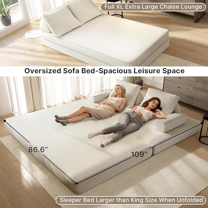 87 Folding Sofa Bed King Size Convertible Sleeper Sofa with Movable Backrest Foldable Futon Floor Couch Bed Chenille Boneless Couches for Living Room(White)