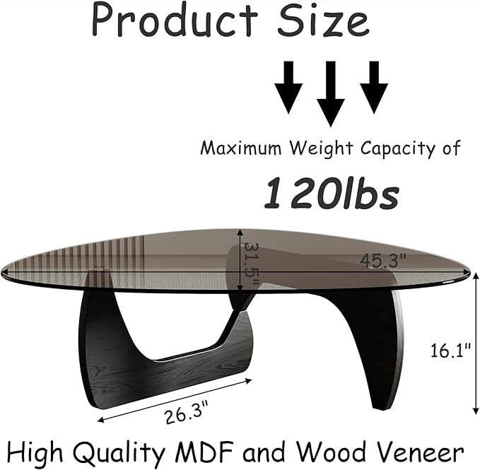 Honyee Morden Coffee Table 42.5 x 28.5 x 16.1 Triangle Tempered Glass Top for Living Room Color: Black