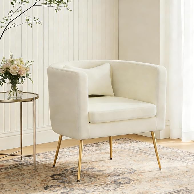 Velvet Accent Chair Set of 2 Modern Barrel Armchair with Lumbar Pillow &amp Gold Legs Upholstered Club Chairs for Living Room/Bedroom/Guest Reception White