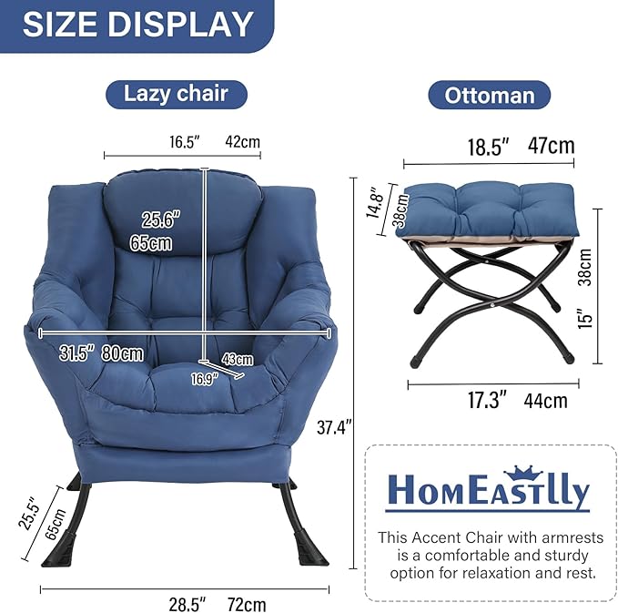 Lazy Chair with Ottoman Large Royal Blue Accent Chair with Ottoman Comfy Reading Armchair Leisure Sofa Chair for Living Room Bedroom Dorm Room Office
