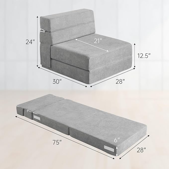 ANONER Folding Sofa Bed Couch Memory Foam Fold Out Chair Bed with Pillow Single Size Convertible Sofa Bed Futon Sleeper Chair Light Gray