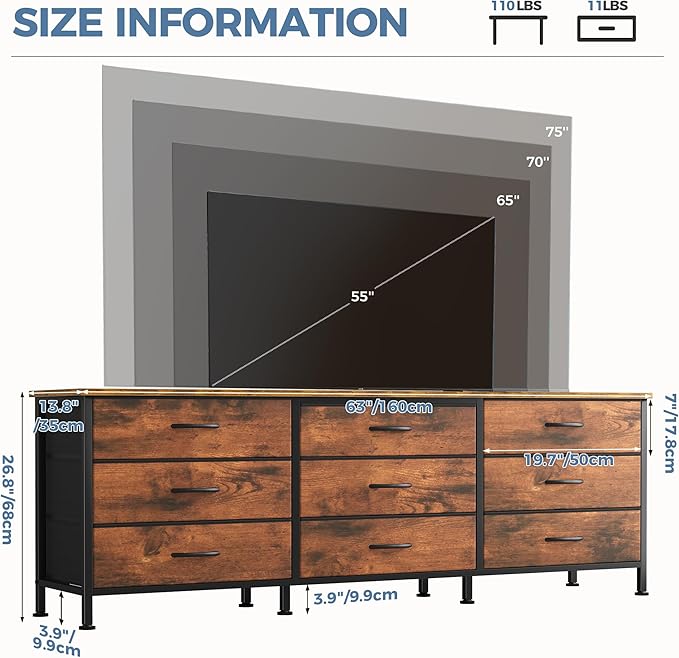 DUMOS TV Stands for Living Room Furniture with 9 Fabric Drawers Long Entertainment Center Up to 75 Inch TV Media Console Table with Storage for Bedroom Adjustable Feet Rust.