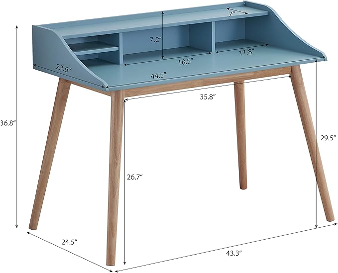 Roskilde Mid-Century Modern Wood Writing Desk with Hutch Blue