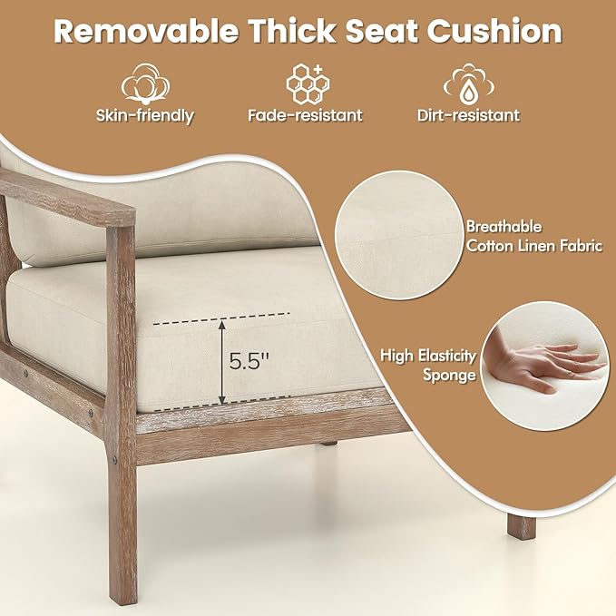 GOFLAME Mid-Century Modern Accent Chair Upholstered Armchair with Solid Wood Frame Linen Fabric Comfy Reading Chair Farmhouse Leisure Chair for Living Room Bedroom Sunroom Hosting Room