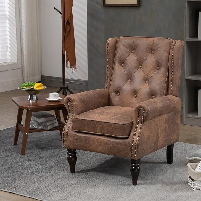 Mid-Century High Wingback Chair Set of 2Microsuede Accent Chair Armchair with ButtonsModern Living Room Chairs with Rivet DecorationLeisure Single Sofa Chair for BedroomHome Reception (Coffee)