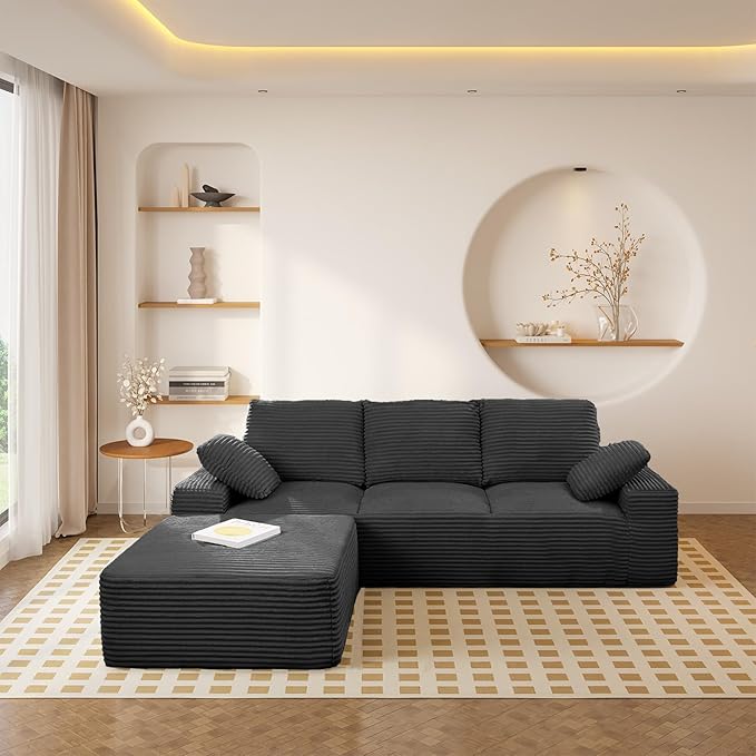 Oversized Convertible L Shaped Sectional Sofa Cloud Couch with Movable Ottoman 103.5 Inch 4 Seat Corduroy Boneless Sofa Set No Assembly Required Floor Couch with Throw Cushions for Living Room