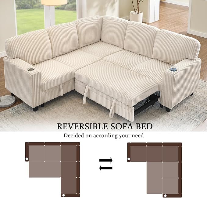 L-Shaped Sectional Sleeper Sofa with Pull Out Bed with Storage 5-Seat Sleeper Couch with USB Charging Convertible Design for Living Room Apartment Corduroy Fabric (Beige)