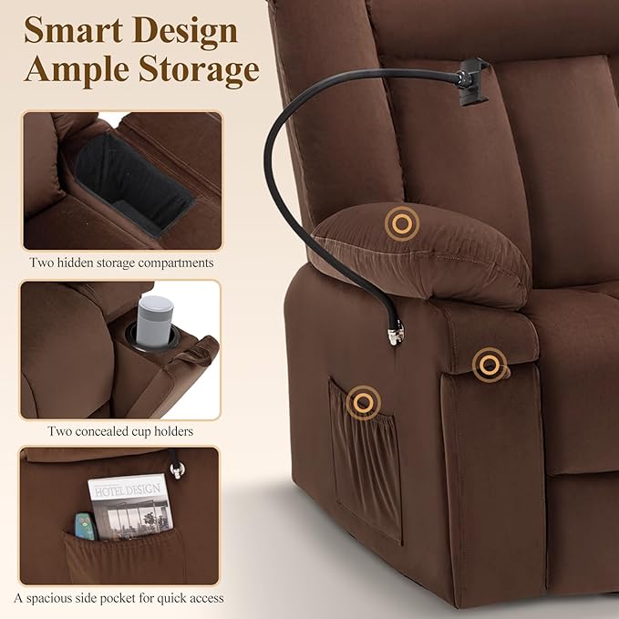 COLAMY Swivel Rocking Recliner Glider Sofa Chair with with Phone StandMassage FunctionHeatingIdeal for Living Room Office BedroomDarkbrown