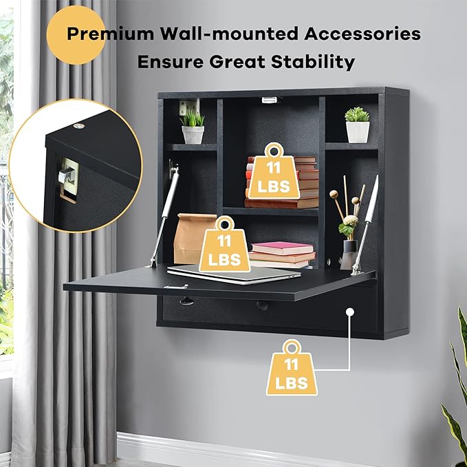 Wall Mounted Desk Floating Laptop Computer Desk Folding Wall Table with Storage Drawer and Shelves Space Saving Hanging Drop Leaf Table for Small Spaces (Black)
