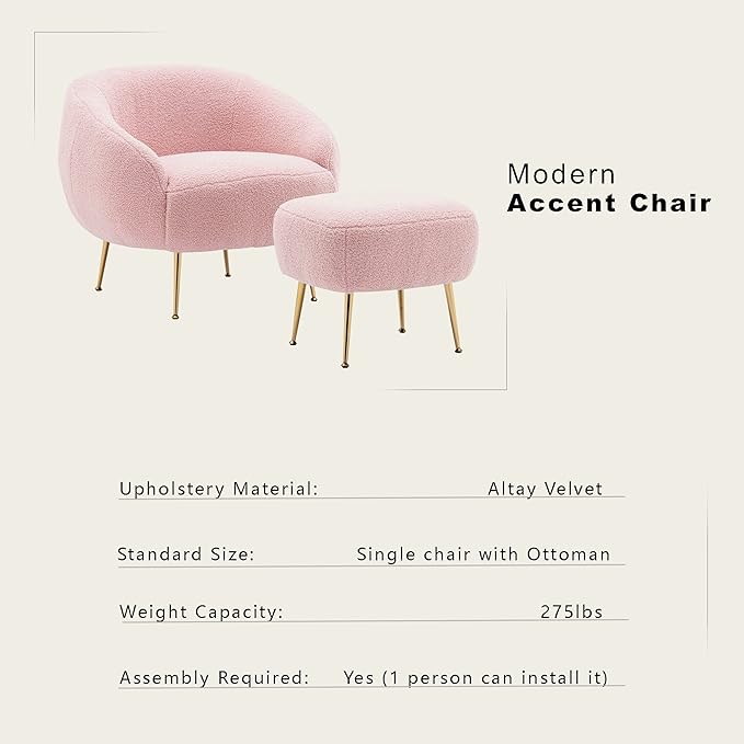 Modern Comfy Leisure Accent Chair Teddy Short Plush Particle Velvet Armchair with Ottoman for Living Room