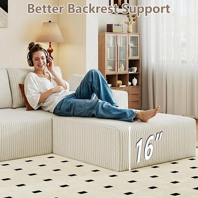 95 Cloud Sectional Couch with L-Shape Chaise Modular Comfy Sofa Chaise Longue Upholstered Corduroy Couches Sleeper with Deep Seat for Living Room Bedroom No Assembly Required(White Right Facing)