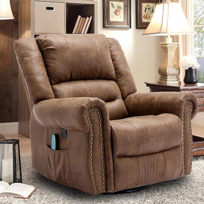 Manual 360 Degree Swivel Glider Rocker Recliner Chair with Massage and Heat USB Ports and 2 Side Pockets Bronze Suede Like Fabric Brown