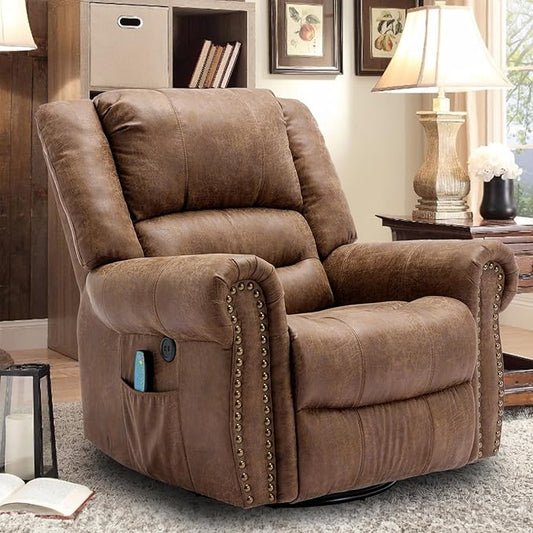 Manual 360 Degree Swivel Glider Rocker Recliner Chair with Massage and Heat USB Ports and 2 Side Pockets Bronze Suede Like Fabric Brown
