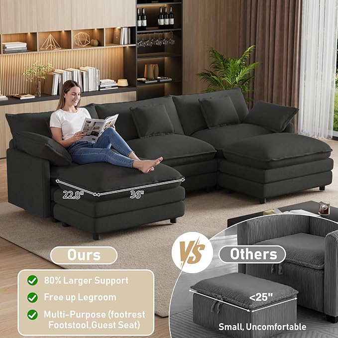 114 U Shaped Cloud Couch Sectionals Oversized Sectional Couches for Living Room Modular Couch Large Velvet Cloud Sofa with Movable Ottoman Grey