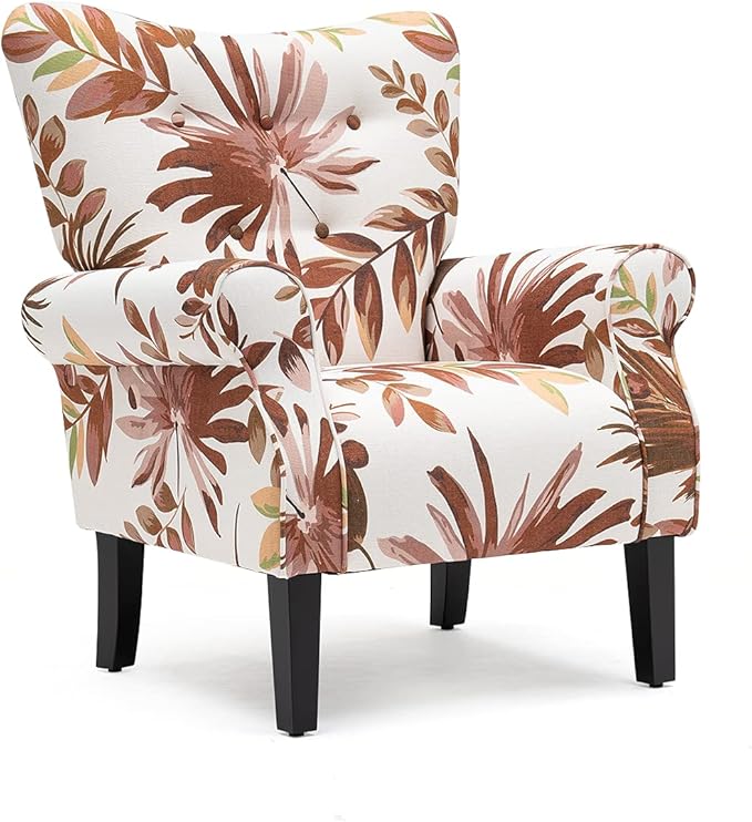 YOLENY Mid Century Wingback Arm ChairModern Upholstered Fabric High Back Accent Chair with Wood LegsUpholstered Single Sofa Club Chair for Living Room Bedroom Home OfficeRed Leaves