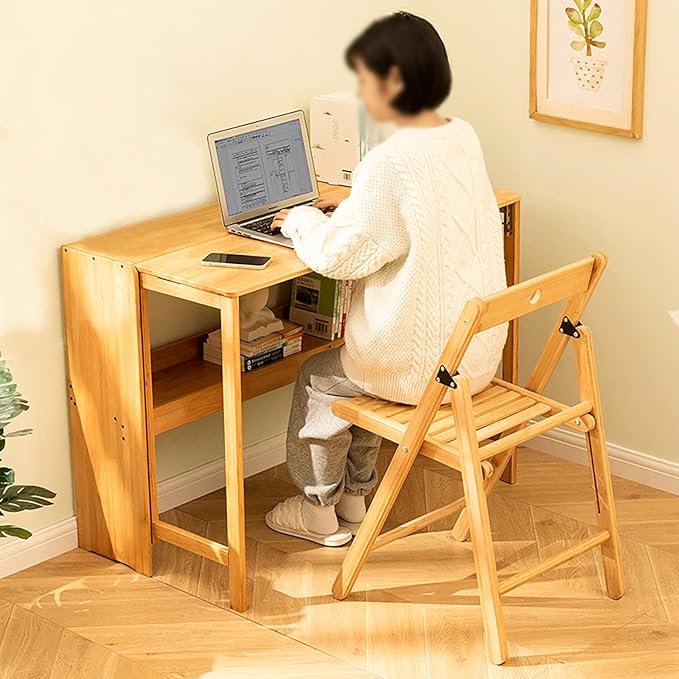 Folding Desk for Small Space Computer Desk with Bookshelf Multifunctional Bamboo Rectangular Dining Table Work Desk Writing Desk for Student Office 40.5 W x 29.9 H (Wood Color)