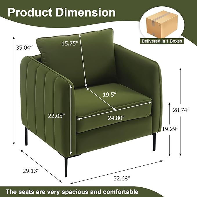 Olive Green Accent Chairs for Living Room Modern Upholstered Accent Chair Comfy Velvet Armchair with Thick Cushion Single Sofa/Side Chair for Bedroom Office Reading Chair