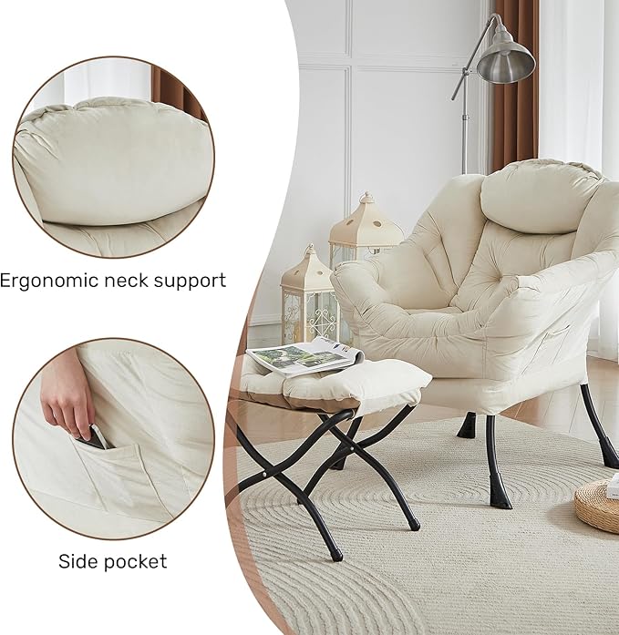 HollyHOME Lazy Chair with Foldable Ottoman Accent Comfy Lounge Armchair and Folding Footrest Stool Leisure Sofa Reading Chair and Footstool for Living Room Bedroom DormVelvet Beige